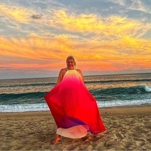 VICI “Mykonos Pleated Ombré Halter Maxi” dress